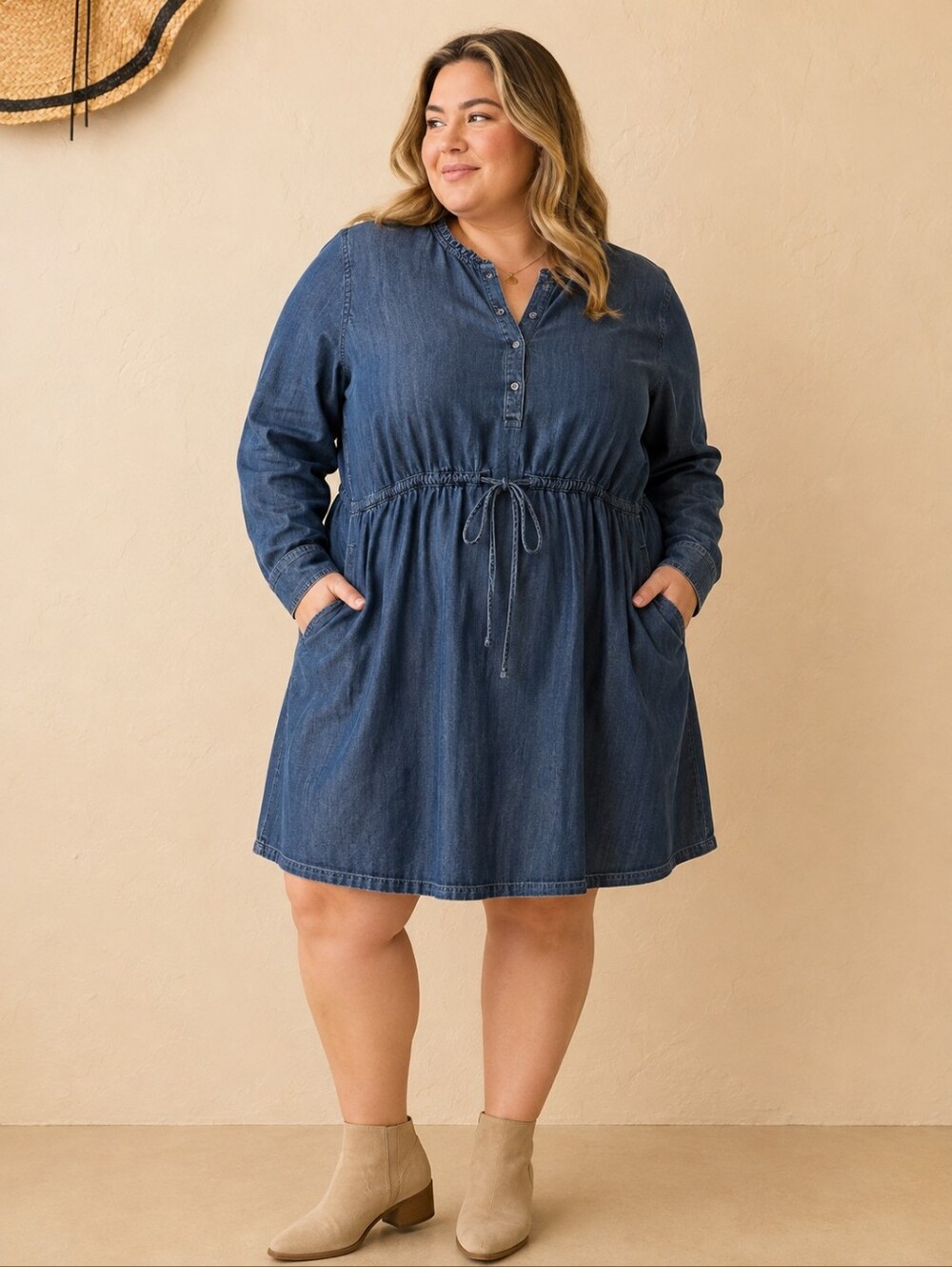Plus-Size Denim Tie-Waist Swim Cover-Up Dress